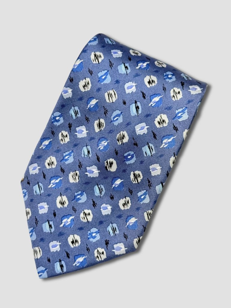 Hermes Blue Black Abstract Pattern Silk Tie